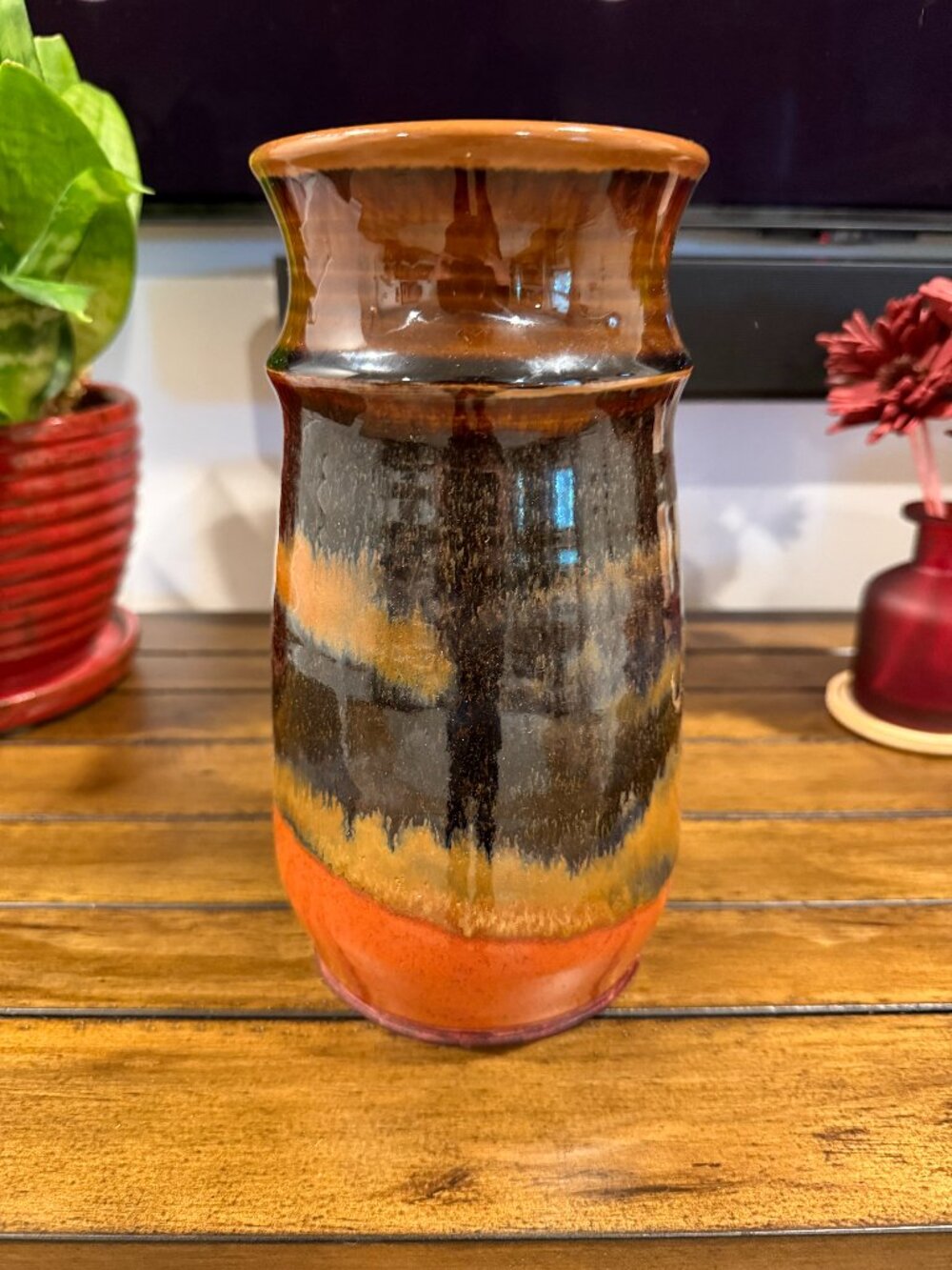Vintage Handmade Glossy Ceramic Glazed Vase, Earth Tones, 9.25 x 5